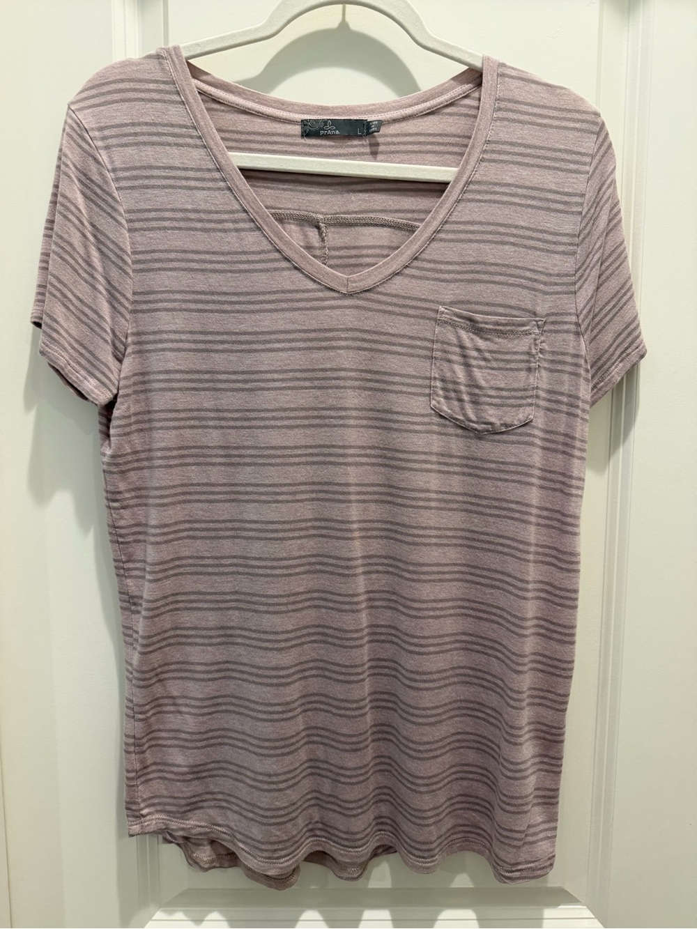 Prana Dusty Mauve Striped V-Neck Pocket Tee
